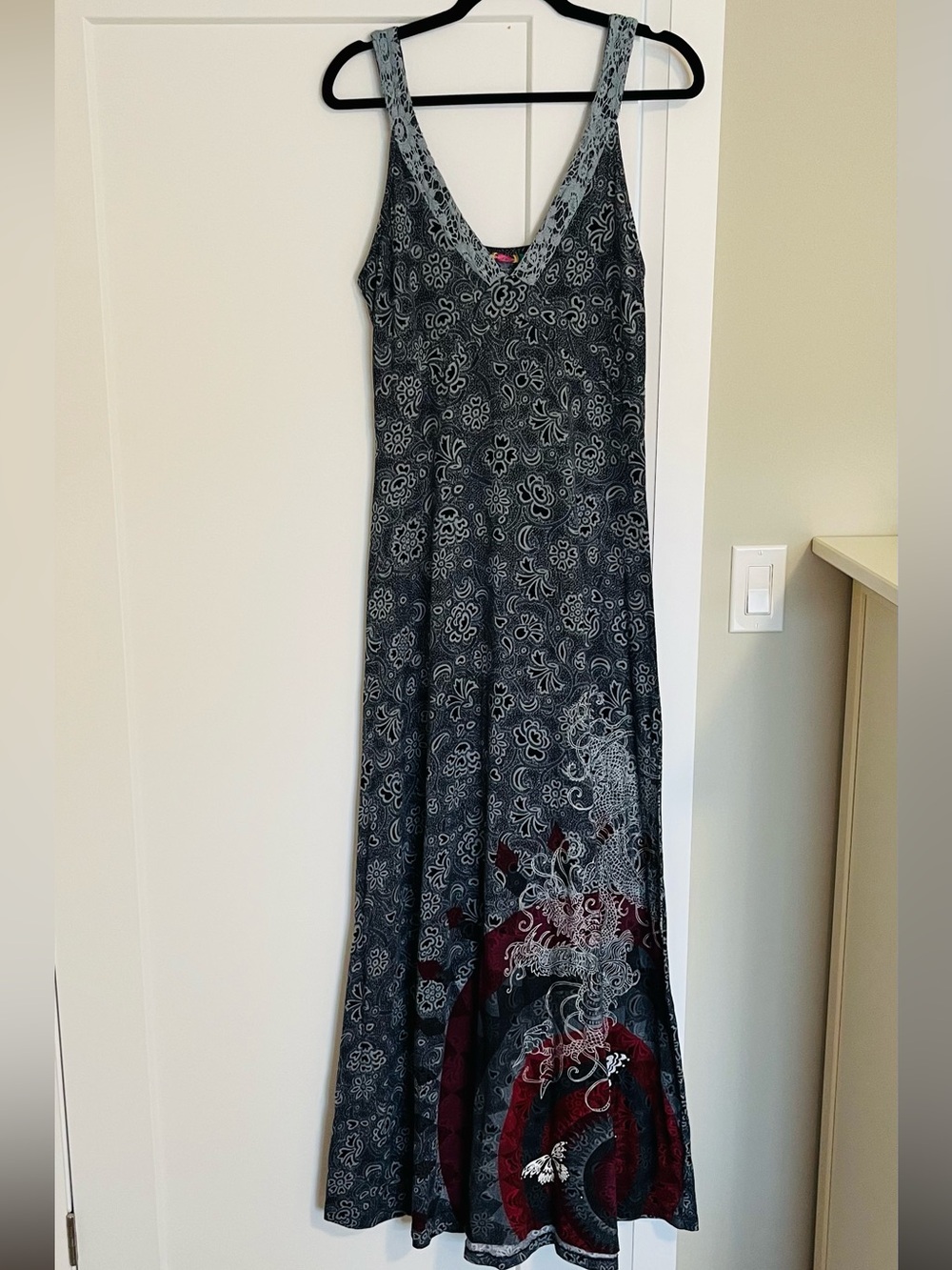 Desigual Gray & Red Printed Maxi Dress with Lace Trim